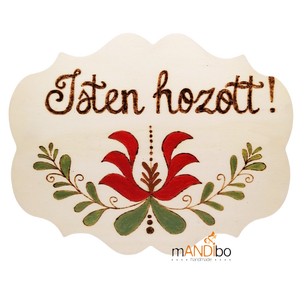 Isten hozott magyaros mintás kopogtató - pirogravírozott képecske, Otthon & Életmód, Dekoráció, Ajtó- és ablak dekoráció, Ajtótábla, Gravírozás, pirográfia, MESKA