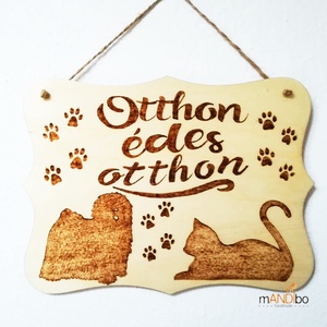 Otthon édes otthon kutyás - macskás kopogtató - pirogravírozott képecske, Otthon & Életmód, Dekoráció, Ajtó- és ablak dekoráció, Ajtótábla, Gravírozás, pirográfia, MESKA