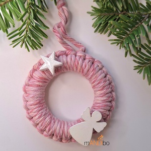 Rózsaszín angyalkás makramé karácsonyfadísz, Karácsony, Karácsonyi lakásdekoráció, Karácsonyi lakásdíszek, Decoupage, transzfer és szalvétatechnika, MESKA