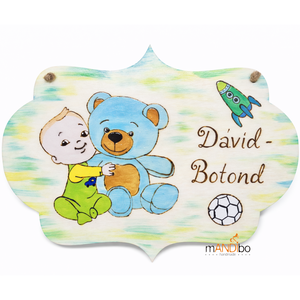 Macis fiús gyerekszoba ajtajára készült pirogravírozott kép , Baba - mama, Babaszoba dekoráció, Babaszoba kép, Gravírozás, pirográfia, MESKA