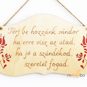 Népies magyaros virágmintás kopogtató - pirogravírozott képecske, Otthon & Életmód, Dekoráció, Ajtó- és ablak dekoráció, Ajtótábla, Gravírozás, pirográfia, MESKA