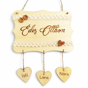 Isten hozott / Édes otthon pirogravírozott családi névtábla szívekkel - otthon & életmód - ház & kert - névtábla - Meska.hu