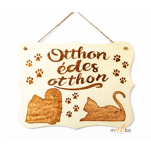 Otthon édes otthon kutyás - macskás kopogtató - pirogravírozott képecske, Otthon & Életmód, Dekoráció, Ajtó- és ablak dekoráció, Ajtótábla, Gravírozás, pirográfia, MESKA
