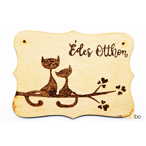Édes otthon macskás kopogtató - pirogravírozott képecske, Otthon & Életmód, Dekoráció, Ajtó- és ablak dekoráció, Ajtótábla, Gravírozás, pirográfia, MESKA