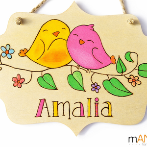 Madárkás gyerekszoba ajtajára készült pirogravírozott kép , Baba - mama, Babaszoba dekoráció, Gyerek névtábla, Gravírozás, pirográfia, MESKA