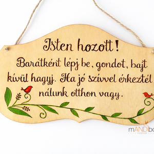 Isten hozott madárkás pirogravírozott kép , Otthon & Életmód, Dekoráció, Ajtó- és ablak dekoráció, Ajtódísz & Kopogtató, Gravírozás, pirográfia, MESKA