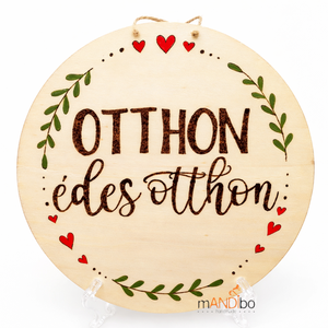 Otthon, édes otthon pirogravírozott kerek kopogtató - falikép, Otthon & Életmód, Dekoráció, Kép & Falikép, Táblakép, Gravírozás, pirográfia, MESKA