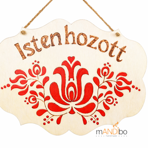 Népies Isten hozott magyaros mintás kopogtató - pirogravírozott képecske, Otthon & Életmód, Dekoráció, Ajtó- és ablak dekoráció, Ajtótábla, Gravírozás, pirográfia, MESKA