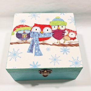 Téli baglyos doboz � kézzel díszített fa tárolódoboz, Karácsony, Karácsonyi lakásdekoráció, Karácsonyi lakásdíszek, Decoupage, transzfer és szalvétatechnika, MESKA