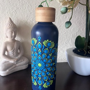  Sötétkék fém kulacs színes pontozott mandalával - otthon & életmód - konyhafelszerelés, tálalás - italos kellékek - kulacsok - Meska.hu