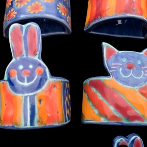 6 db Gyönyörű mázas kerámia szalvétagyűrű,  vintage kézműves cserép dísz a 80-as évekből, kerámia szalvéta gyűrű - otthon & életmód - konyhafelszerelés, tálalás - tálalás - szalvétatartó, szalvétagyűrű - Meska.hu