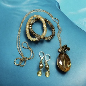 Vintage Swarovski kristály ékszer készlet: 2 karkötő, fülbevaló, hosszú réz nyaklánc ékszer szet, Ékszer, Ékszerszett, Ékszerkészítés, MESKA