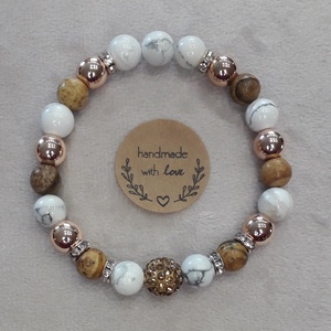 Hematit - Howlite - Jáspis ásványkarkötő arany-barna színű shamballa gömb charmmal - Meska.hu