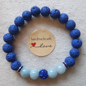 Aquamarin - Lávakő ásványkarkötő, sötétkék shamballa charmmal, Ékszer, Karkötő, Charm karkötő, Ékszerkészítés, MESKA