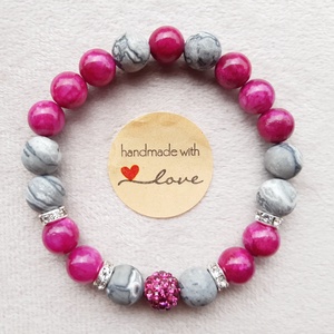 Jáde - Jáspis ásványkarkötő, magenta shamballa charmmal, Ékszer, Karkötő, Charm karkötő, Ékszerkészítés, MESKA