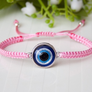 Fonott makramé karkötő védő szemmel - Pink világosrózsaszín, Ékszer, Karkötő, Fonott karkötő, Csomózás, MESKA