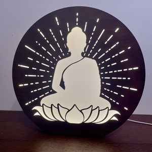 Buddha - Lézervágott fa lámpa keleti motívummal, meleg fehér LED világítással és fényerőszabályzós kapcsolóval - Meska.hu