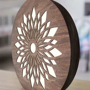 Mandala mintás lézervágott fa lámpa, meleg fehér LED világítással és fényerőszabályzós kapcsolóval, Otthon & Életmód, Lámpa, Hangulatlámpa, Famegmunkálás, MESKA