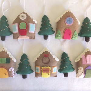 10 darabos téli házikó és fenyőfa dísz - otthon & életmód - dekoráció - fali és függő dekoráció - függődísz - Meska.hu