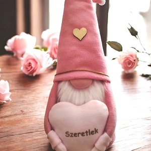 Valentin-napi manó � rózsaszín, bordó szívvel, fehér Szeretlek felirattal � 45 cm, Otthon & Életmód, Dekoráció, Manók, Varrás, MESKA