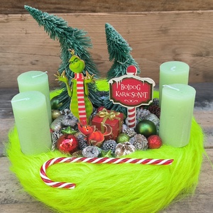 Grincs LED-es adventi koszorú, zöld alap - karácsony - adventi díszek - adventi gyertyadíszek és koszorúdíszek - Meska.hu