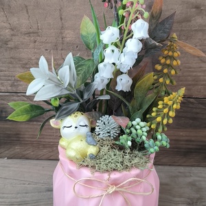 Tavaszváró őzikés dísz, rózsaszín kaspó - Meska.hu