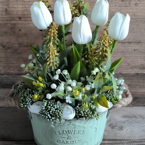 Fehér tulipánok kaspóban - otthon & életmód - dekoráció - asztal és polc dekoráció - asztaldísz - Meska.hu