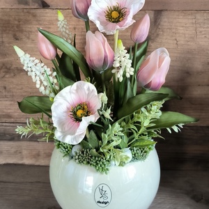 Pipacs és tulipán gyöngyházfényű VZS kaspóban - otthon & életmód - virágdekoráció - virágdíszek - asztali virágdísz - Meska.hu