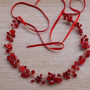 Piros fejdísz  vagy lánc.  - esküvő - hajdísz - fejkoszorú - Meska.hu