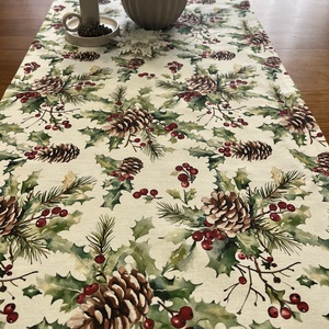 Karácsonyi tobozos magyalos asztali futó 135x45 cm - natúr erdei mintás - karácsony - karácsonyi lakásdekoráció - ünnepi asztaldekoráció - Meska.hu