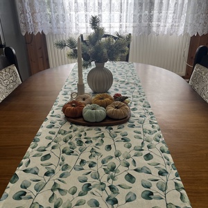 Őszi asztali szett - Eukaliptuszos asztali futó 135x45 cm + 5 db bársony tök - kuckós őszi dekor szett - Meska.hu