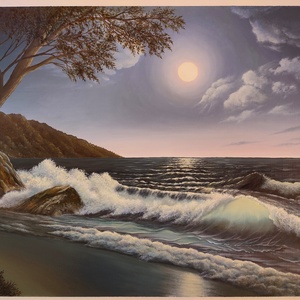 Olajfestmény: Holdfényes tengerpart, Művészet, Festmény, Olajfestmény, Festészet, MESKA