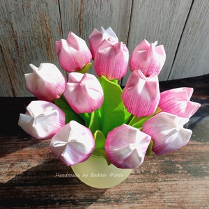 Textil tulipán csokor ballagásra, diplomaosztóra, fehér-rózsaszín-pink 12 sz/cs - Meska.hu