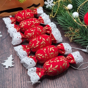 ÚJ! Textil szaloncukor, piros, 6 db/cs, Karácsony, Karácsonyi lakásdekoráció, Karácsonyfadíszek, Varrás, MESKA