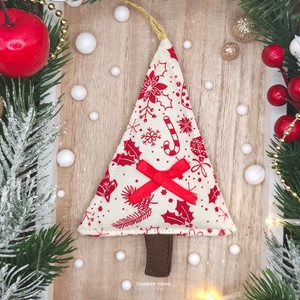 Karácsonyfa függő, textil fenyőfa, krém piros mintás, Karácsony, Karácsonyi lakásdekoráció, Karácsonyi lakásdíszek, Varrás, MESKA