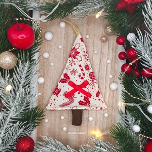 Karácsonyfa függő, textil fenyőfa, krém piros mintás - karácsony - karácsonyi lakásdekoráció - karácsonyi lakásdíszek - Meska.hu