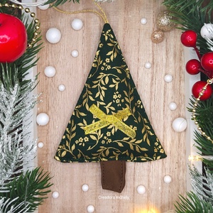 Karácsonyfa függő, textil fenyőfa zöld arany indás, Karácsony, Karácsonyi lakásdekoráció, Karácsonyi lakásdíszek, Varrás, MESKA