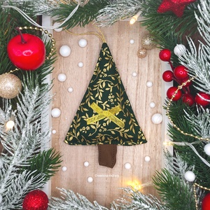 Karácsonyfa függő, textil fenyőfa függő díszzöld arany indás - karácsony - karácsonyi lakásdekoráció - karácsonyi lakásdíszek - Meska.hu