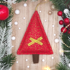 Karácsonyfa függő, textil fenyőfa, piros óarany indás, Karácsony, Karácsonyi lakásdekoráció, Karácsonyi lakásdíszek, Varrás, MESKA