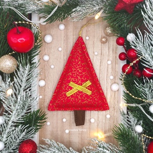 Karácsonyfa függő, textil fenyőfa, piros óarany indás - karácsony - karácsonyi lakásdekoráció - karácsonyi lakásdíszek - Meska.hu