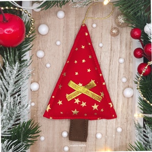 Karácsonyfa függő, textil fenyőfa, piros arany csillagos, Karácsony, Karácsonyi lakásdekoráció, Karácsonyi lakásdíszek, Varrás, MESKA