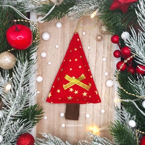 Karácsonyfa függő, textil fenyőfa, piros arany csillagos - karácsony - karácsonyi lakásdekoráció - karácsonyi lakásdíszek - Meska.hu