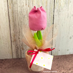 Nőnapi cserepes textil tulipán organzával, kísérőkártyával, választható színben, Otthon & Életmód, Virágdekoráció, Virágdíszek, Asztali virágdísz, Mindenmás, MESKA