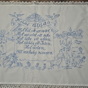 Házi áldás , Otthon & Életmód, Vallás, Házi áldás, Hímzés, Varrás, Kék színnel himezve  ,csipkével  körbeszegve. Mérete kb 80x50 cm, MESKA