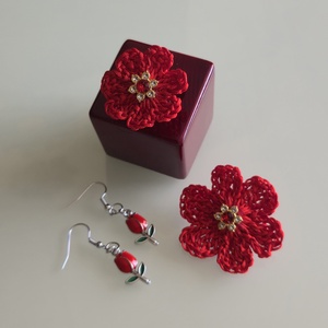 Piros virágos szett., Esküvő, Ékszer, Ékszerszett, Ékszerkészítés, Horgolás, MESKA