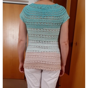 Női polo, türkiz-beige, horgolt - ruha & divat - női ruha - póló, felső - Meska.hu