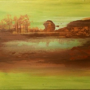 Fák a tónál 18x24 akrilfestmény, Művészet, Festmény, Akril, Festészet, MESKA
