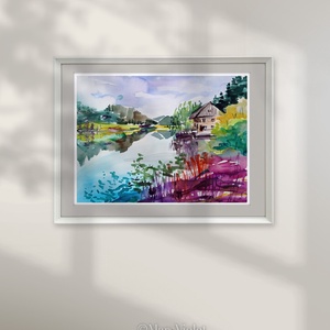 Ház a tónál - akvarell, Művészet, Grafika & Illusztráció, Művészi nyomat, Festészet, MESKA