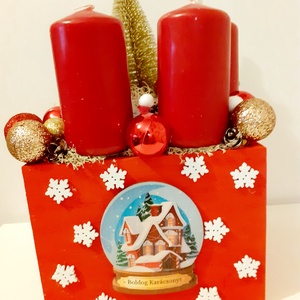Piros-arany adventi doboz ,rénszarvas télapó figurával/adventi asztaldísz, Karácsony, Adventi díszek, Adventi asztaldísz, Virágkötés, MESKA