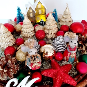  Karácsonyi asztaldísz egér párral,fenyő gyertyával,világitó házzal - karácsony - adventi díszek - adventi asztaldísz - Meska.hu